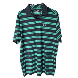 Under Armour Heat Gear Polo, Loose Fit, Navy/Kelly Green Stripe, Mens XL